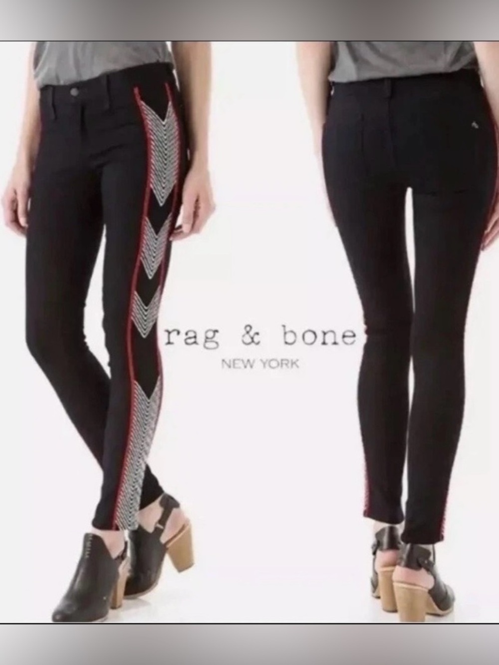 RAG & BONE Raja Midnight Skinny Embroidered Chevron Side Stripe Jeans M Y2K